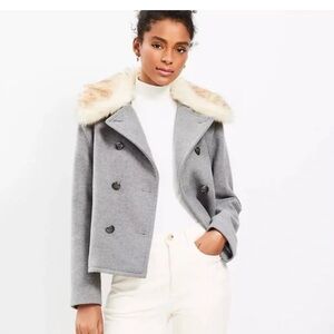 LOFT Women's Gray Double-Breasted Jacket with Faux Fur Collar
